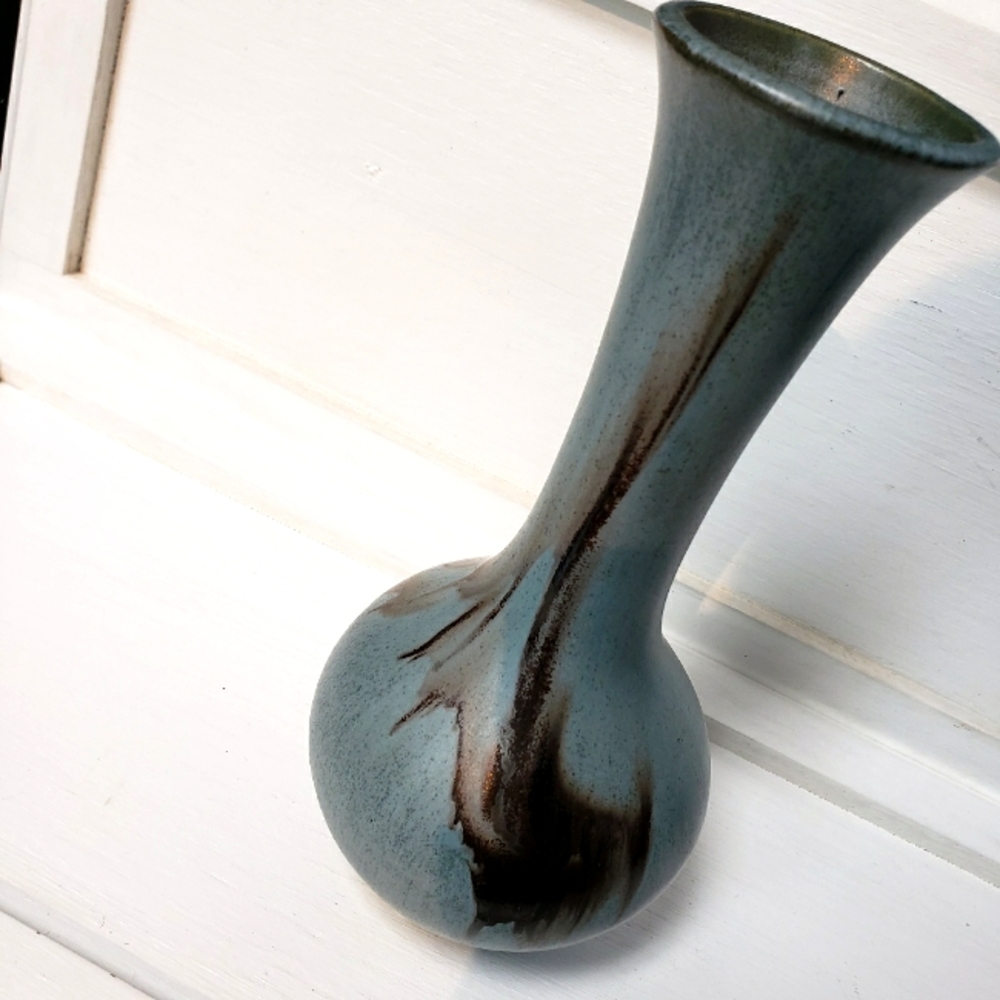 Retro 70s Flower Vase Ceramic  Pottery Blue Black